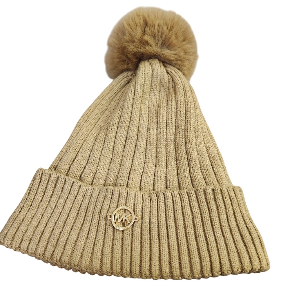 Michael Kors Faux Fur fleece-lined Pom Beanie Hat Winter Knit Cap Gold Logo Warm